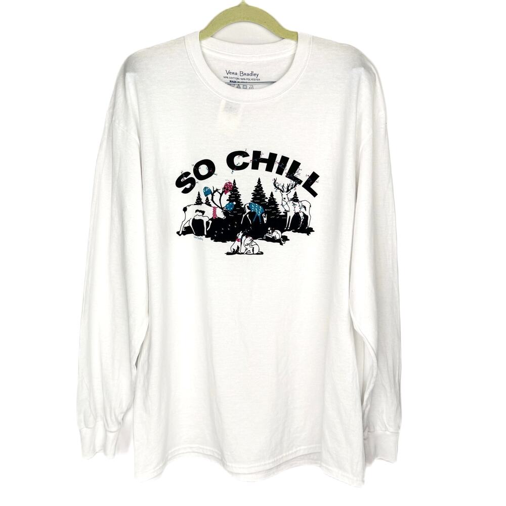 New‎ Vera Bradley White So Chill Holiday Graphic Long Sleeve Cotton Blend Top XL